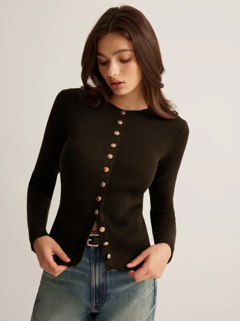 BROWn Button Down Skinny Knit Top Commense L